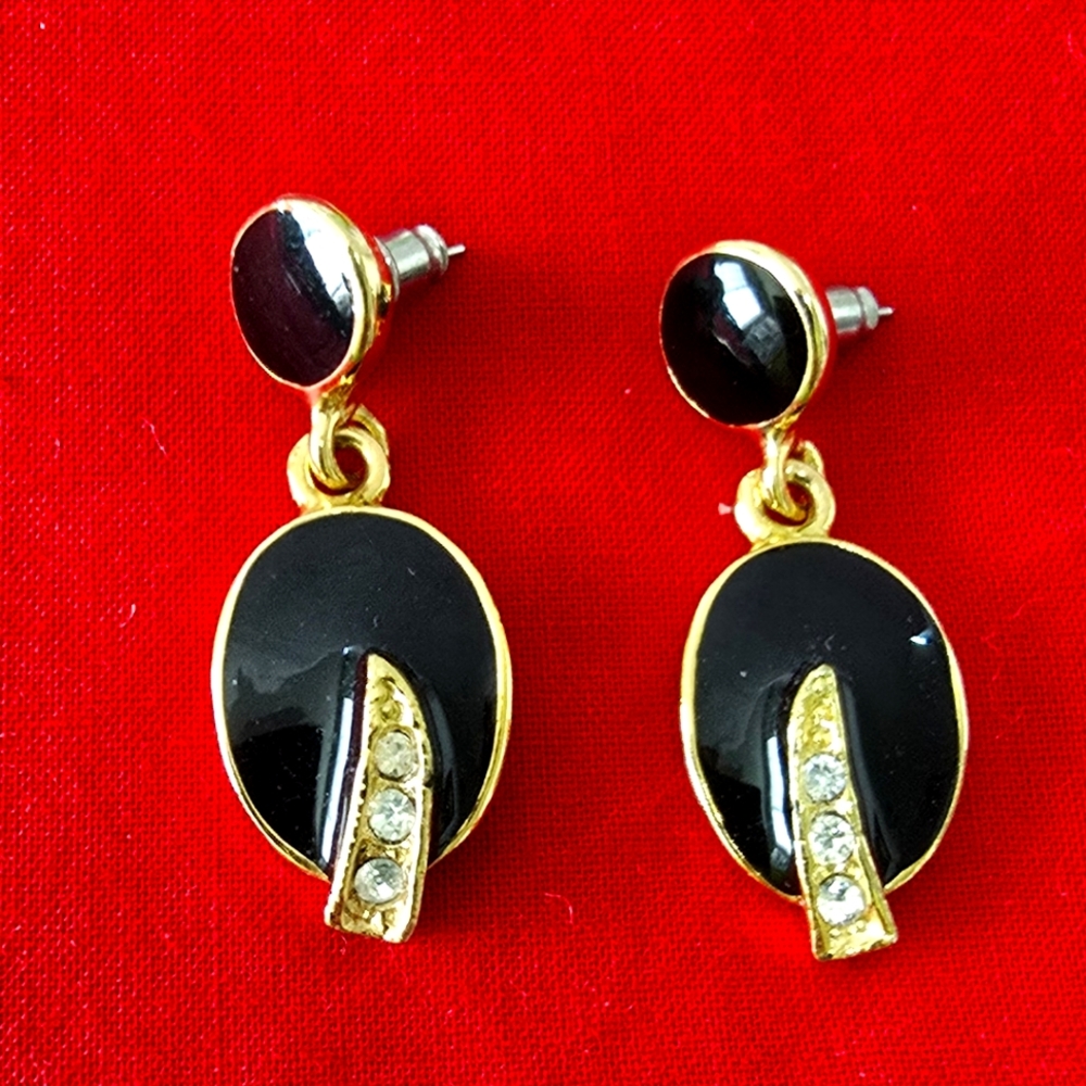 Vintage Black Gold Crystal Post Earrings 1980s